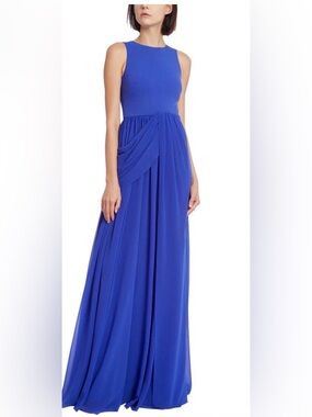 Badgley Mischka Sleeveless Cobalt Blue Draped Maxi Gown